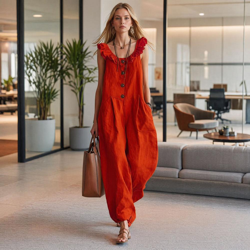 Jumpsuit Linen Relaxed - Damski kombinezon oddychający, o swobodnym kroju,