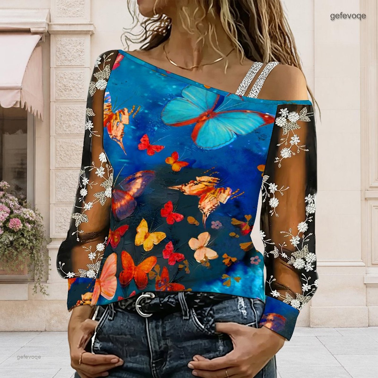 Blouse Off Shoulder - Damska bluzka z odkrytymi ramionami, asymetryczny