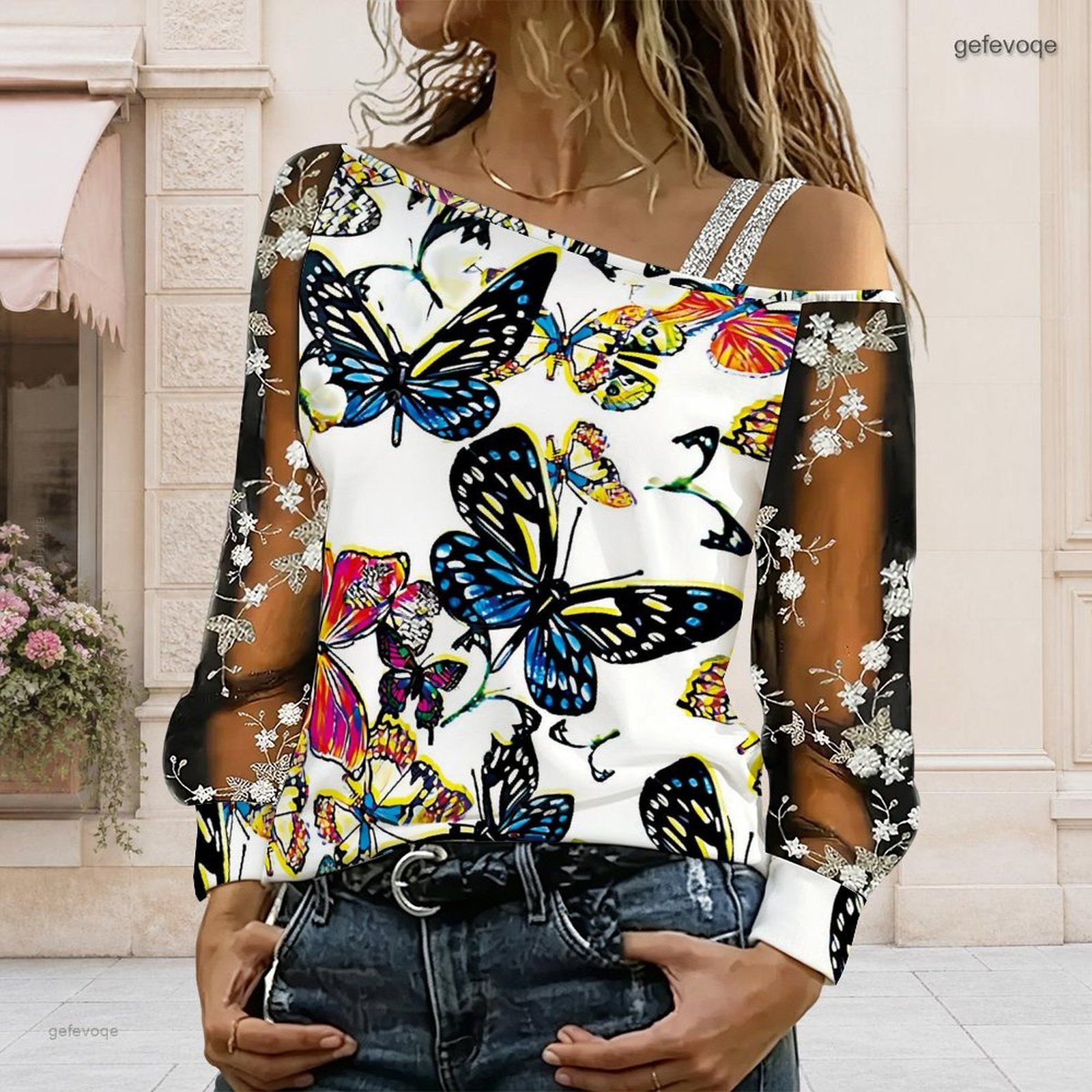 Blouse Off Shoulder - Damska bluzka z odkrytymi ramionami, asymetryczny