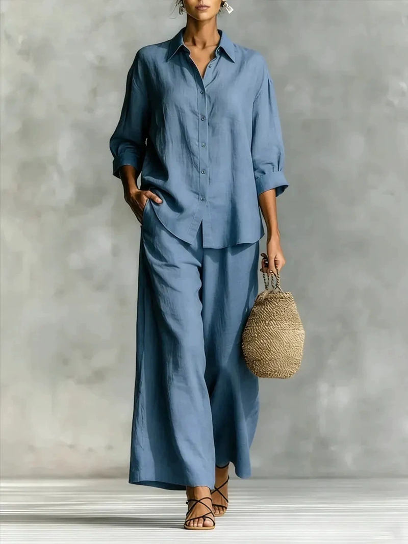 Linen Pant Wide - Damski nowy zestaw: koszula z rękawem