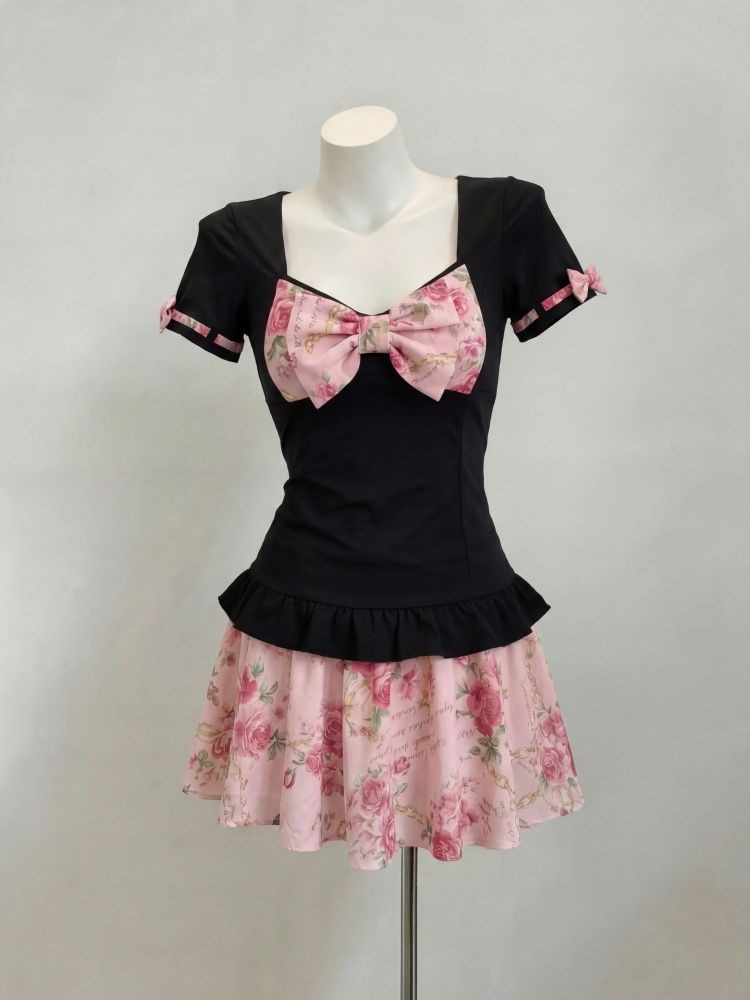 Romper Floral Print - Damski Słodki Komplet Dwuczęściowy z Kwiatowym