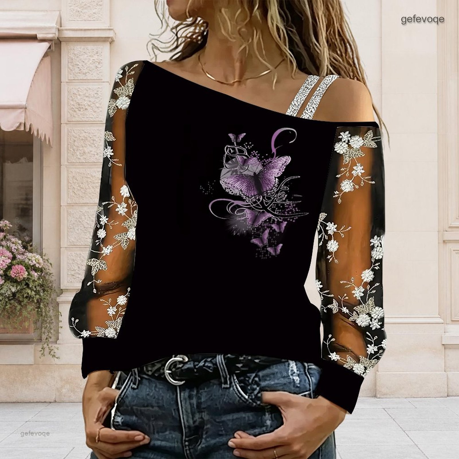 Blouse Off Shoulder - Damska bluzka z odkrytymi ramionami, asymetryczny